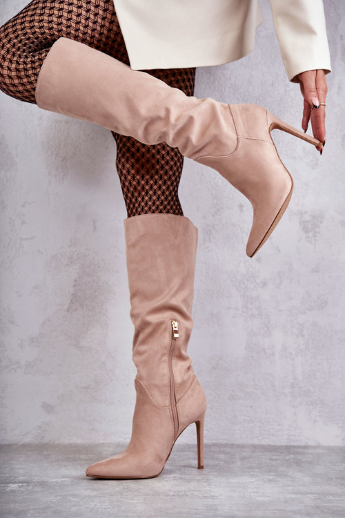 Kozaki Klasyczne Zamsz Szpilka Beżowe Ameya