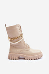 Leather High Booties with Chain Beige Nameer