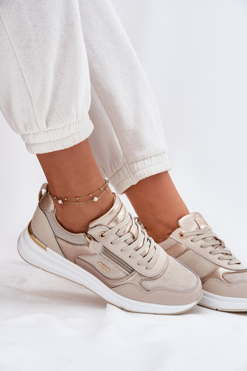 Leather Sports Shoes Sneakers Women With Zipper Beige Lilimia