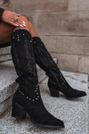 Women's Leather Cowboy Boots With Embellishment On Heel Black Darella