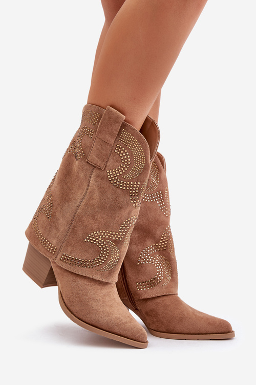 Embellished Cowboy Ankle Boots Mid Calf Heeled S.Barski HY42-153 Camel