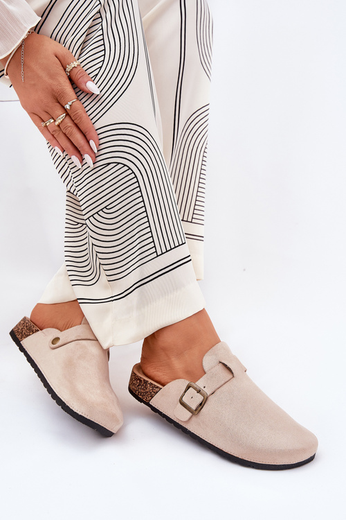 Damskie Klapki Chodaki Na Korkowej Platformie Z Klamrą Beżowe Selio