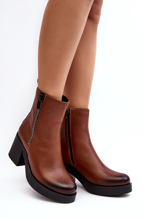 Leather Boots with Chunky Heel and Zippers Brown Lemar Littosa