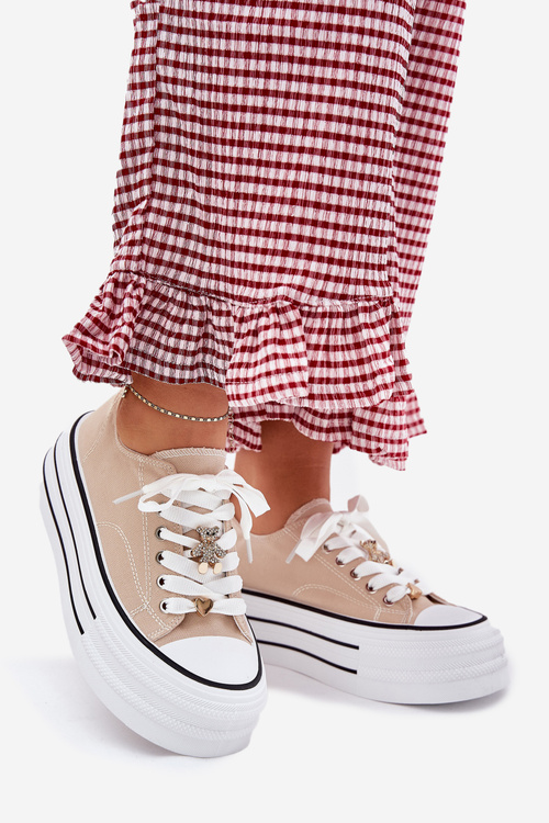 Ladies Sneakers On A Platform With Golden Decorations Beige Fiorina