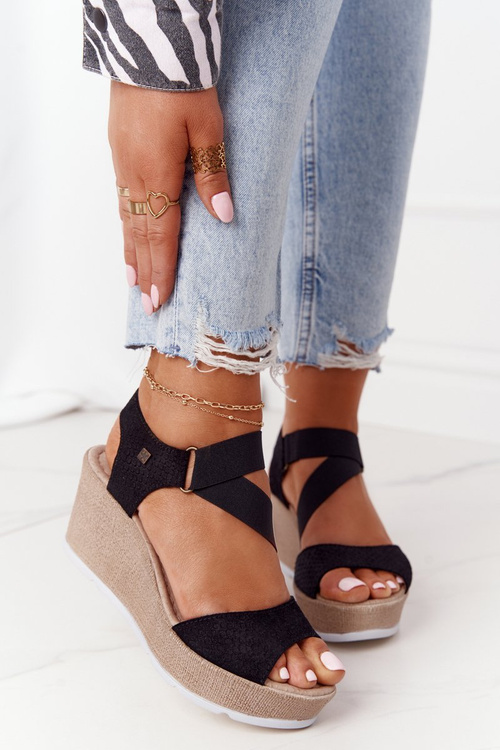 Leather Wedge Sandals With Drawstring Big Star FF276016 Black