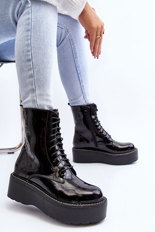 Women's Patent Leather Boots with Chunky Sole Black Movana