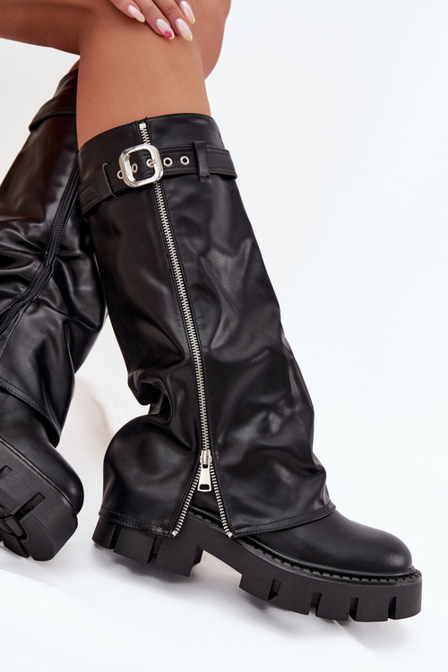 Insulated boots with turned collar buckle and silver zipper Black Armena
