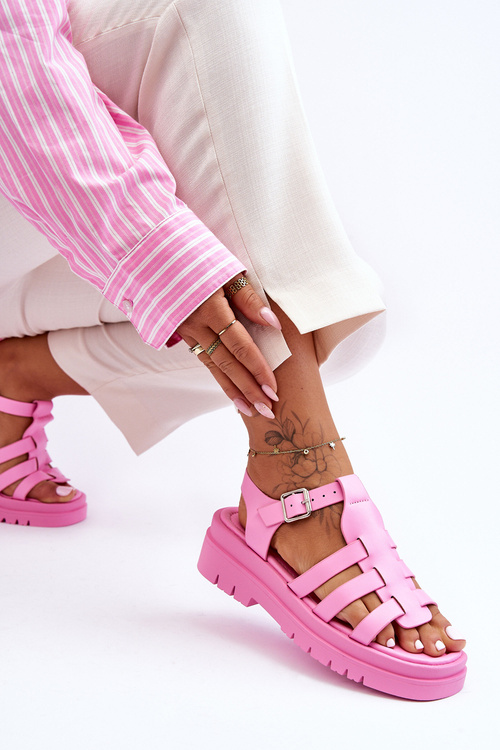 Leather Flat Sandals with Straps Pink Diosa