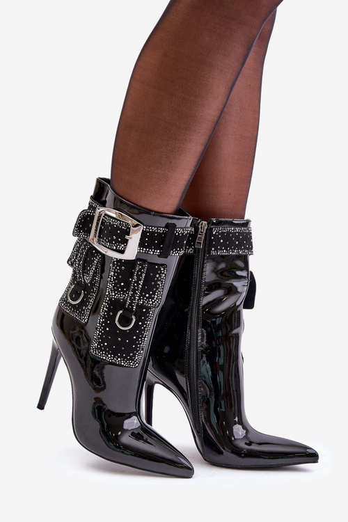Embellished ankle boots made of patent eco leather on stiletto black