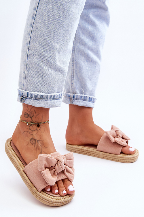 Women's Suede Slippers With Bow Pink Fency