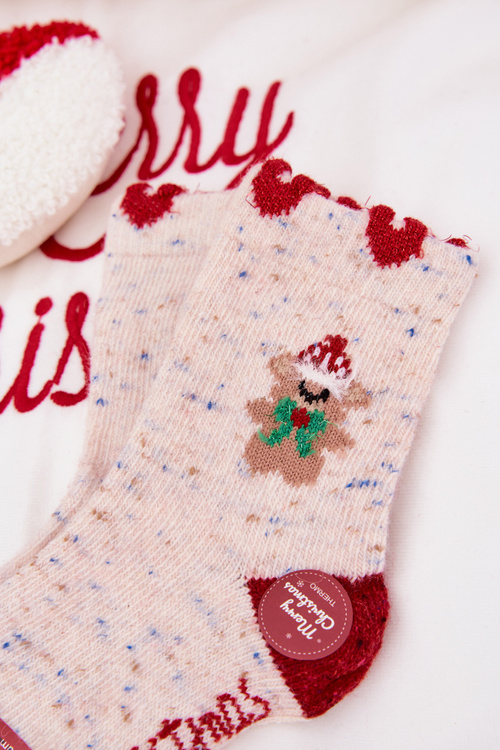 Children's Christmas Socks With Bear And Hearts Alpaca Wool Beige