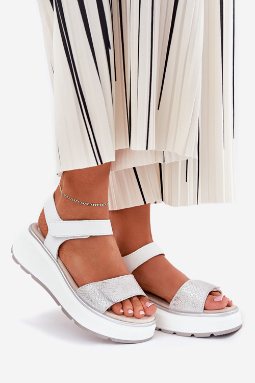 Women's Leather Sandals On Platform And Wedge With Velcro S.Barski LR51-543 Silver