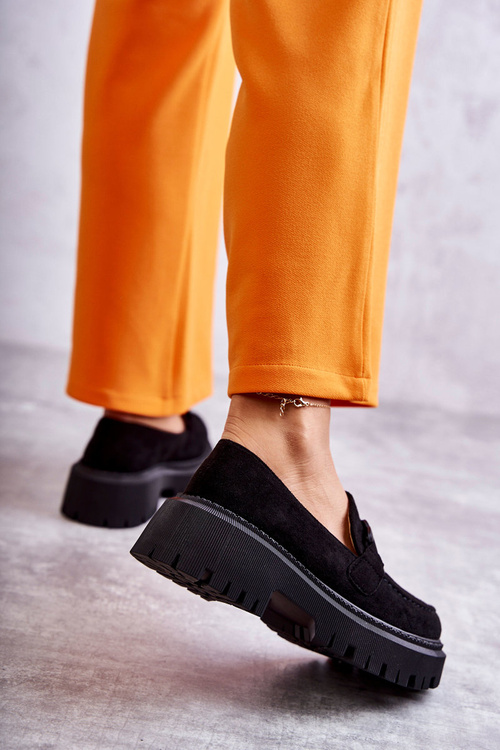 Półbuty Damskie Zamsz Ozdoba Czarne Leeza