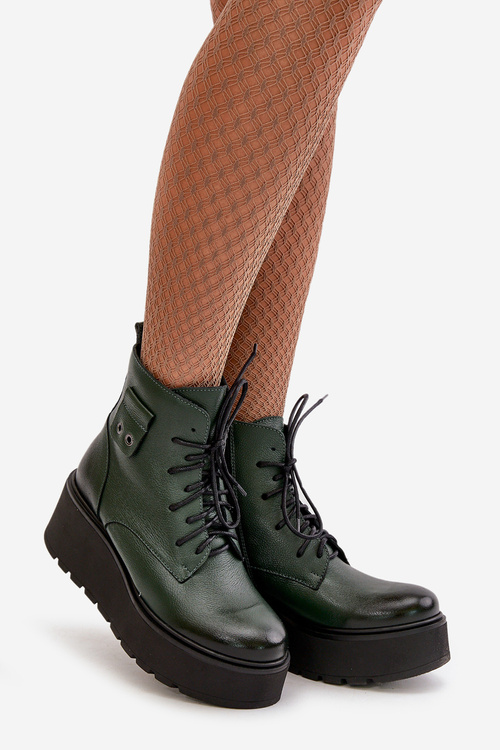 Zazoo 60499 Women's Platform And Wedge Boots Insulated Natural Leather Dark Green