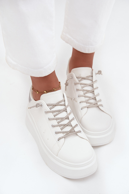 Damskie Sneakersy Ozdobne Sznurowanie Brokat Platforma Białe Belmira 