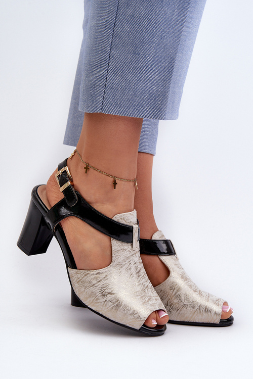 Women's sandals with a heel made of eco-leather in gold-black Queenmarie