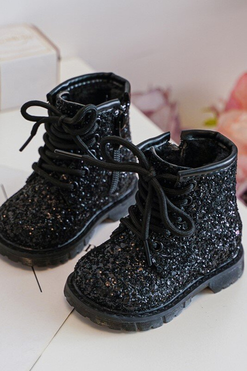 Children's Glittery Lined Boots with Zipper Black Saussa