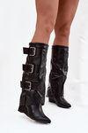 Women's Platform Boots with Turned Top and Silver Buckles Black Sarisse