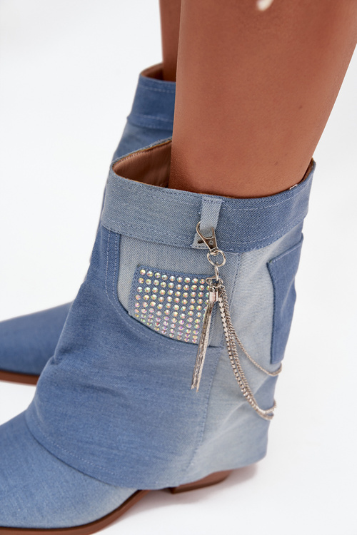 Women's block heel ankle boots with chain denim Ilyana