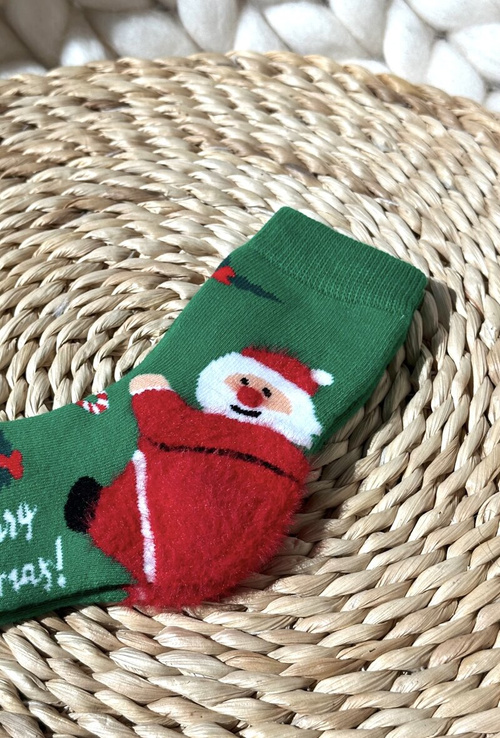Children's Christmas Cotton Socks With Santa Green
