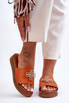 Women's Leather Platform Slippers with Decoration Orange Azera