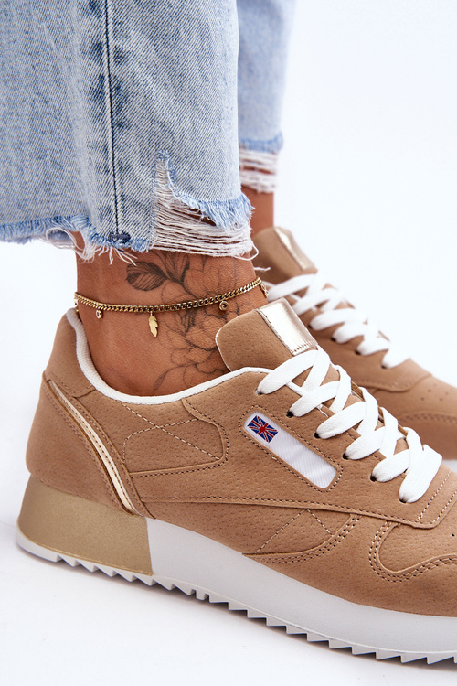 Leather Lace Up Platform Sports Shoes Beige Merida