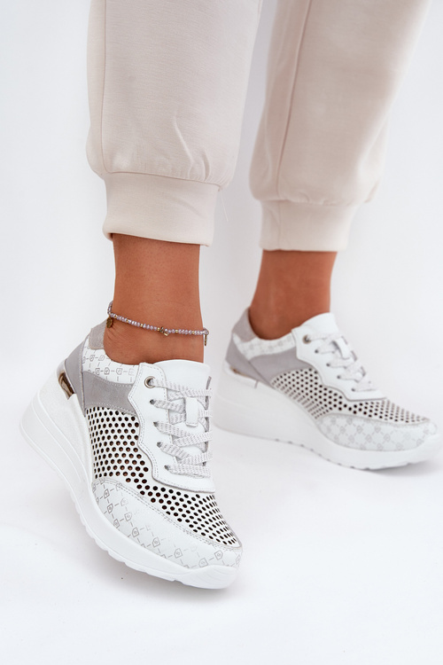 Leather Perforated Sports Shoes Sneakers On Wedge White S.Barski LR51-641