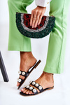 Women's Leather Slippers With Decorative Pearls Black Lasello
