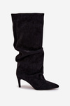 Wrinkled High Heel Boots Made of Eco Suede Lined Black Mavella