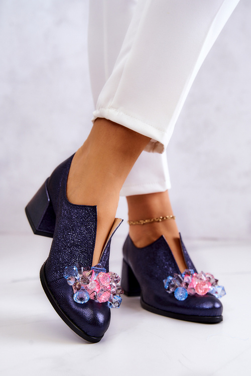 Leather metallic shoes With Decoration Navy Delaver