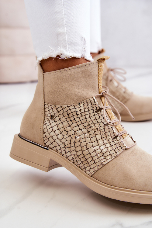 Women's Suede Ankle Boots with a Snake Pattern Light Beige Sonroe