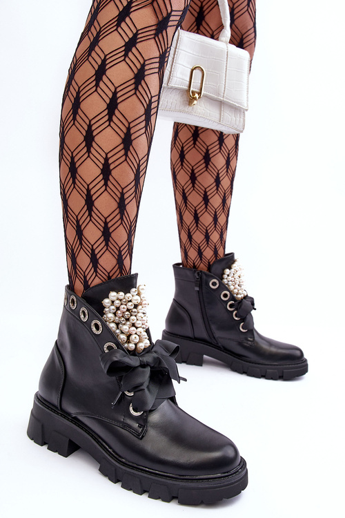 Leather Embellished Low Boots On A Flat Heel Black Binga