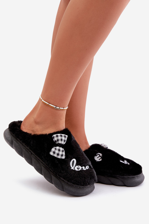 Women's Fleece Slippers With Patches And Bow Black Linnorelia