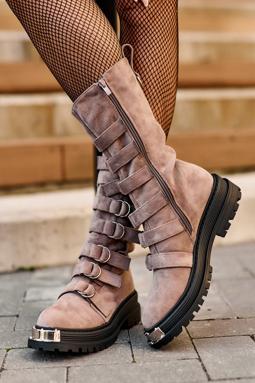 Leather High Boots with Straps Dark Beige Elnatea