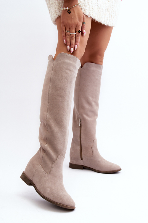 Zazoo 3407 Suede Knee-high Boots with Flat Heel Cappuccino