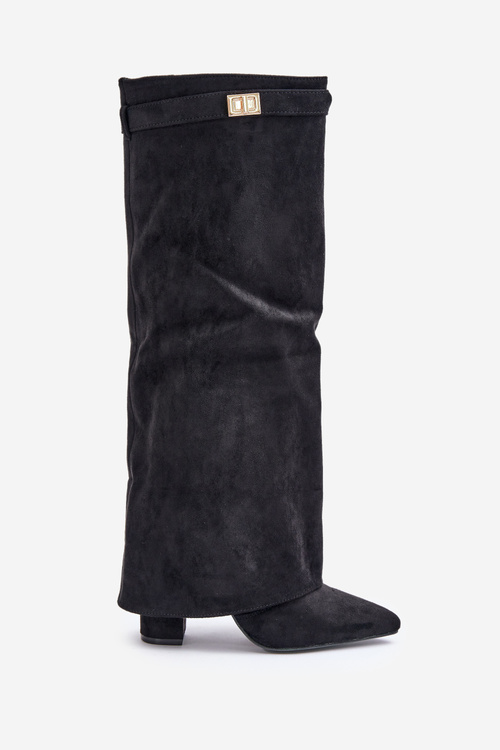 Women's Eco Suede Boots With Rolled Shaft On Heel Black Bralise