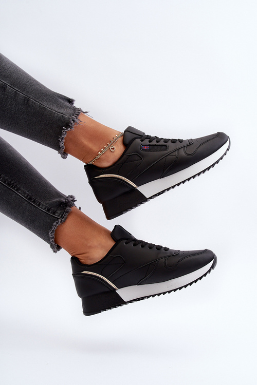 Black Leather Platform Lace-Up Sports Shoes Merida