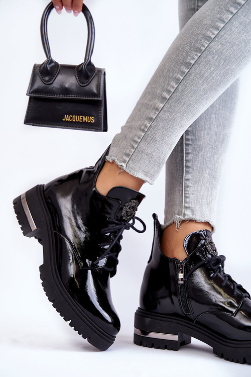 Botki Damskie Lakier Płaski Obcas Czarne Zazoo 60309