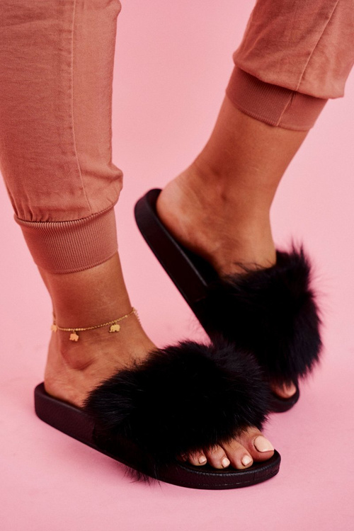 Women's Slides With Fur Black Belmondo