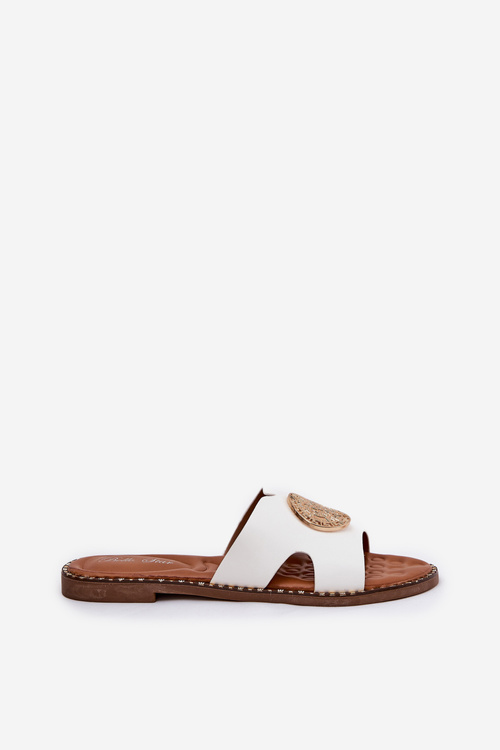 Klapki Damskie Na Płaskim Obcasie Z Ozdobnym Detalem Białe Oferry