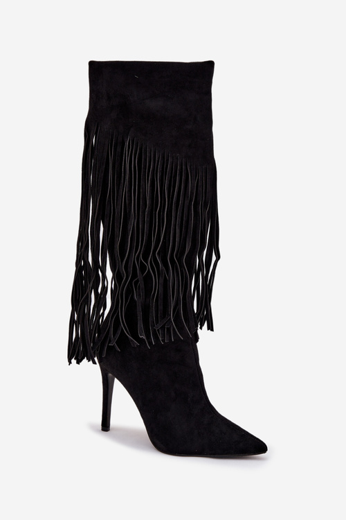 Women's High Heel Boots with Fringes Black Isalune