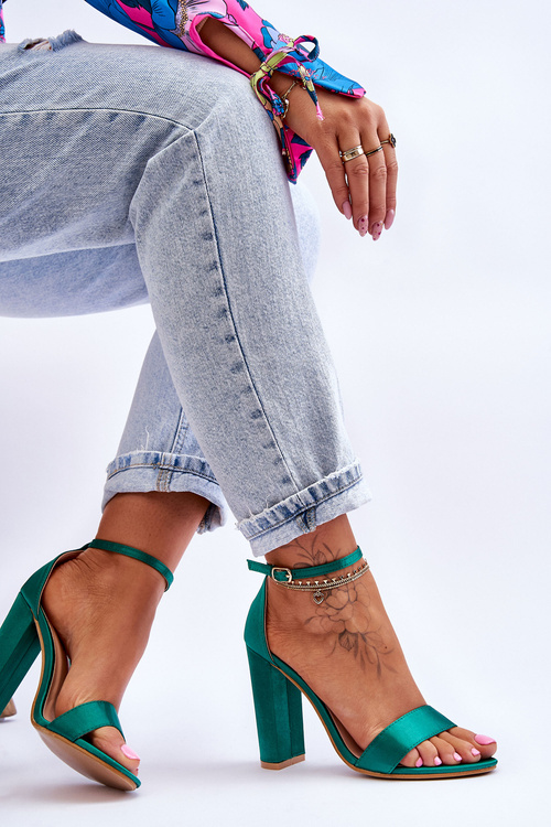 Sandały Satynowe Obcas Zielone Linsy