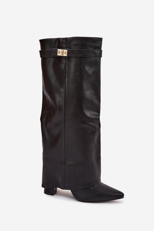 Women's Heeled Boots With Folded Shaft And Gold Detail Black Diorna