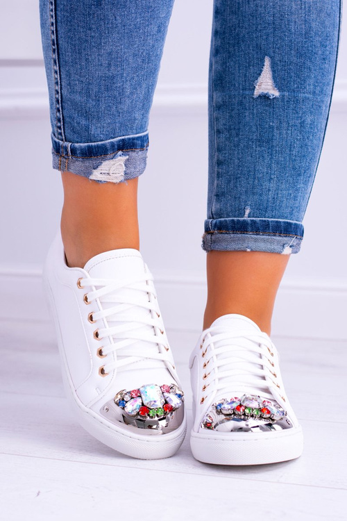 Lu Boo White Sneakers with Shiny Crystals
