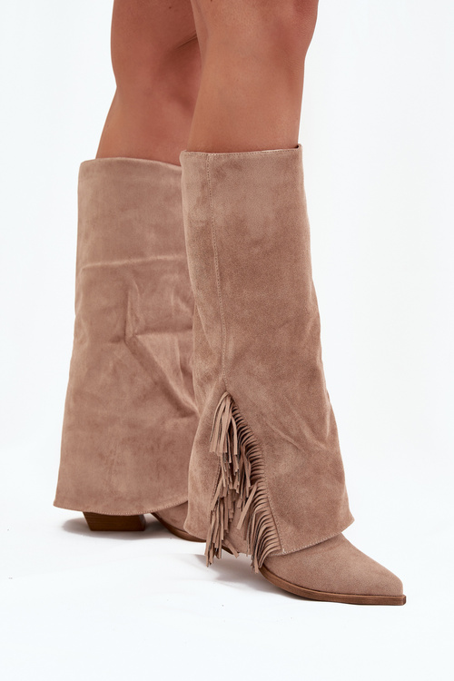 Ladies Slip-On Cowboy Boots With Heel And Fringes Beige Zalia