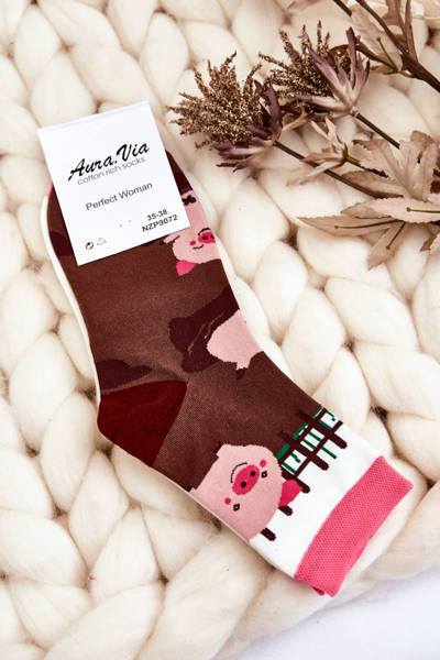 Skarpety Damskie Śmieszne Nie Do Świnki Biało-Brązowe