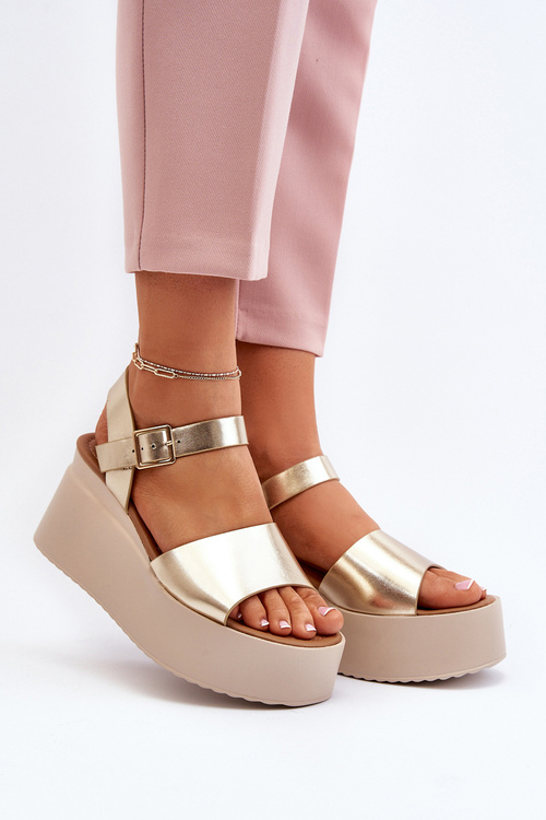 Sandały Damskie Na Koturnie Złote PS18