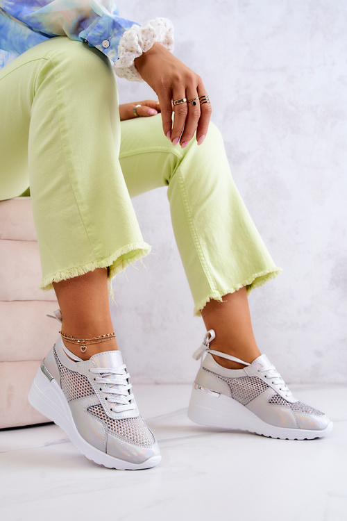 Leather Mesh Wedge Sneakers S.Barski Silver