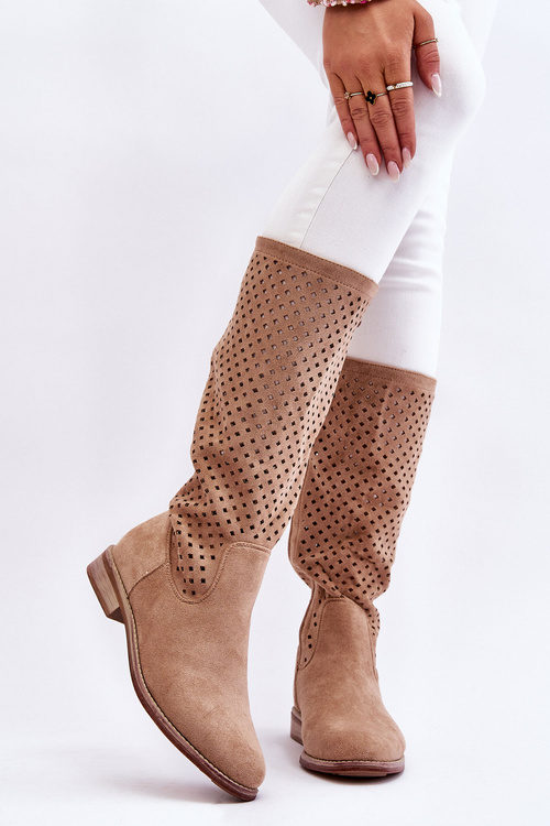 Women's Suede Openwork Over Knee Boots Beige Savannah