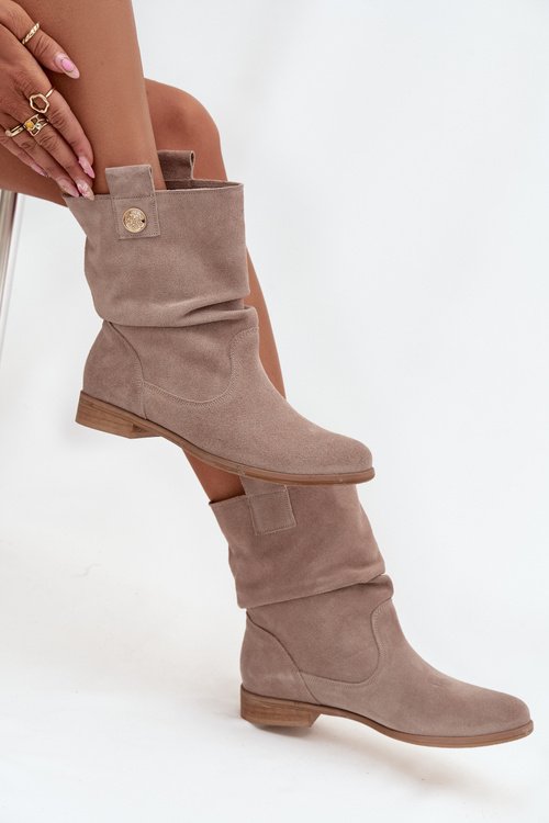 Leather Suede Women's Boots with Gathering Insulated Zazoo 4210 Beige